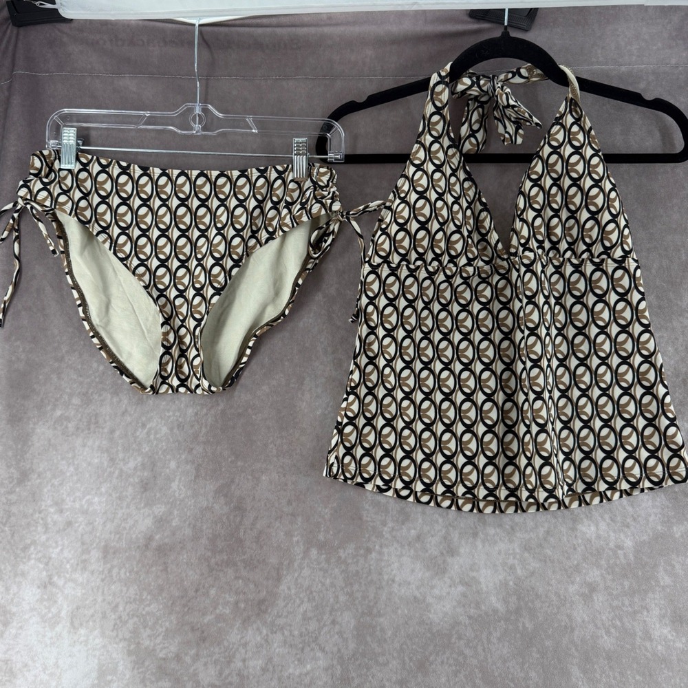 SWIM Brand Womens Brown Geometric Circle Print Halter Tankini Swimsuit Set Large